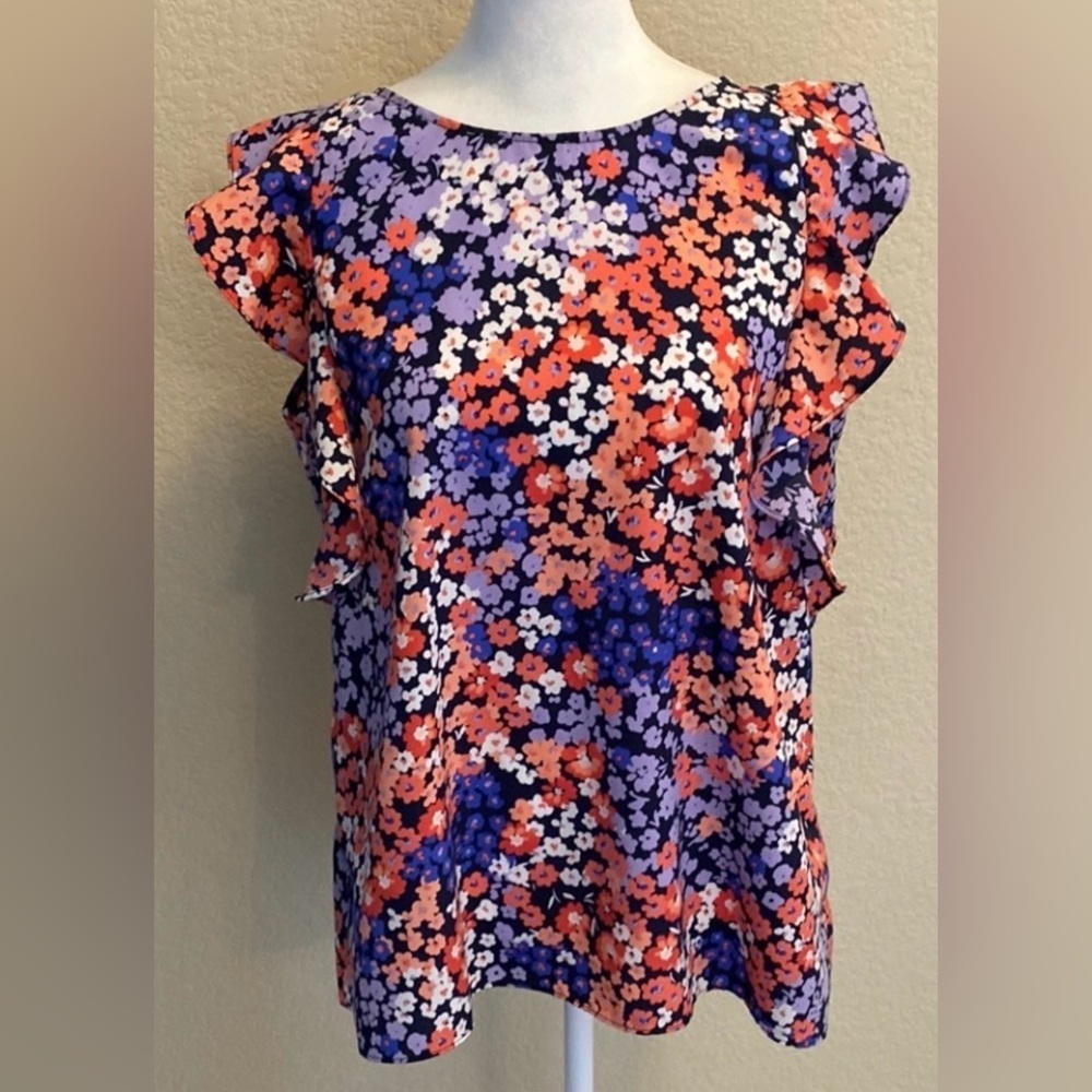 Juicy Couture Colorful Floral Ruffled Flutter Sleeve Blouse. Sz L. - Picture 2 of 16